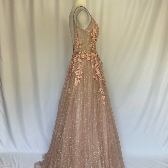 Jovani Women's Formal Dress Size 6 Pink Rose Gold Sequined Tulle Backless Gown - Picture 5 of 11